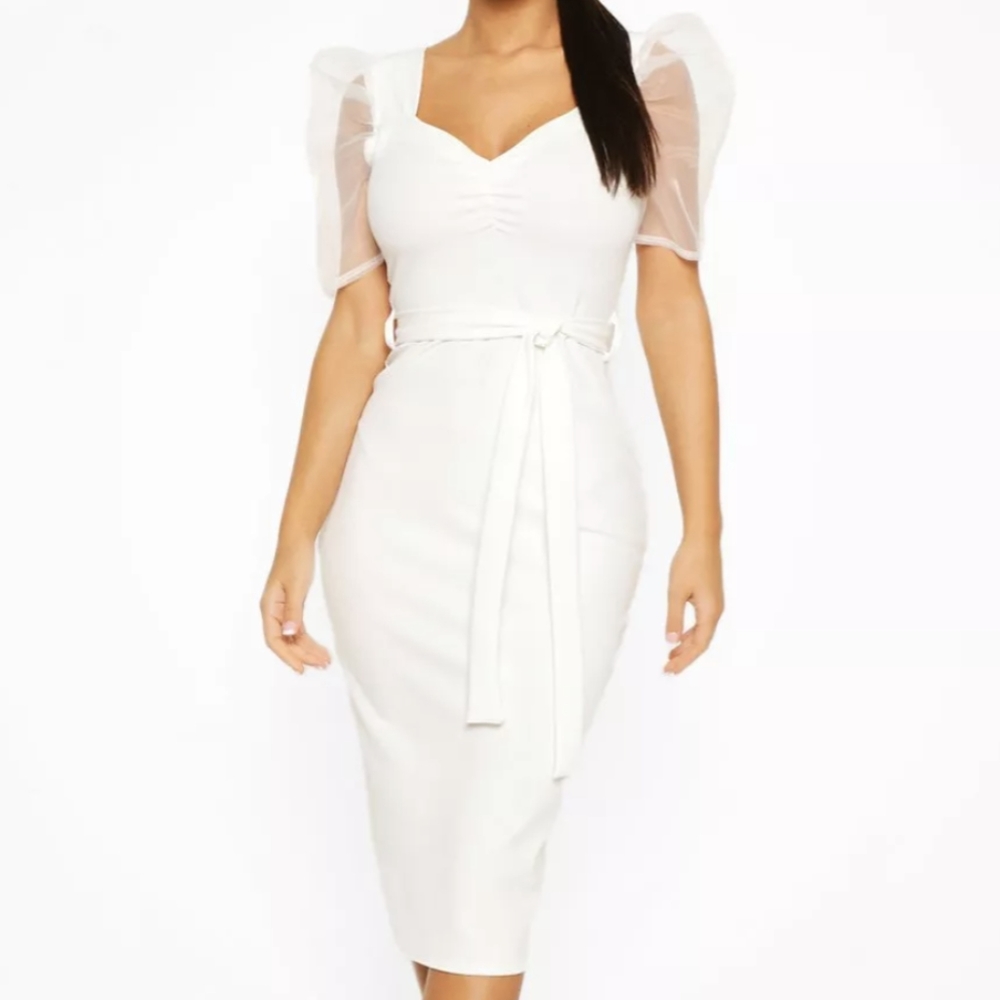 BOOHOO Organza Puff Sleeve Ivory Bodycon Midi Dress 10 New